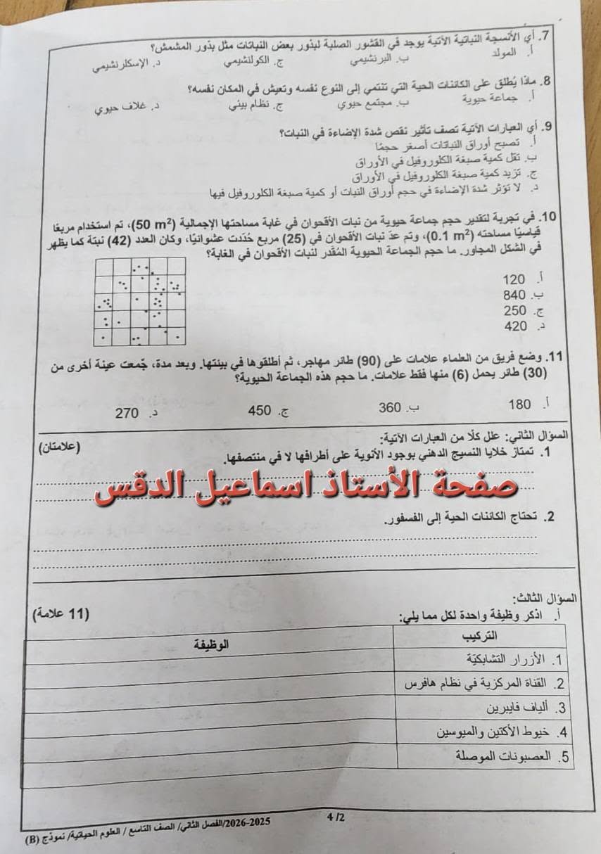 بالصور امتحان العلوم الحياتية الاحياء النهائي للصف التاسع الفصل الثاني 2026 نموذج وكالة بالصور امتحان العلوم الحياتية الاحياء النهائي للصف التاسع الفصل الثاني 2026 نموذج وكالة